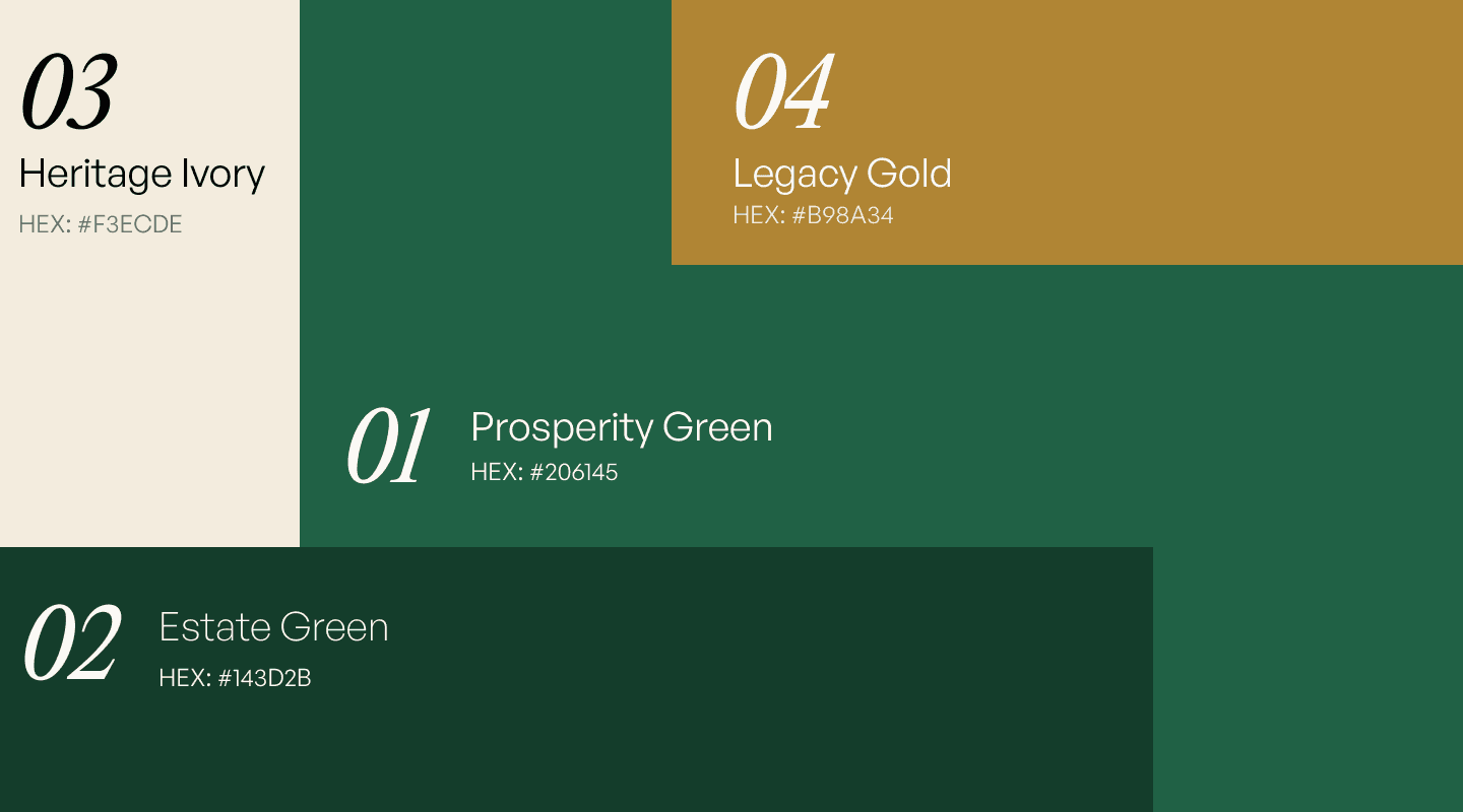 The brand palette balances financial heritage colors with organic secondary tones.